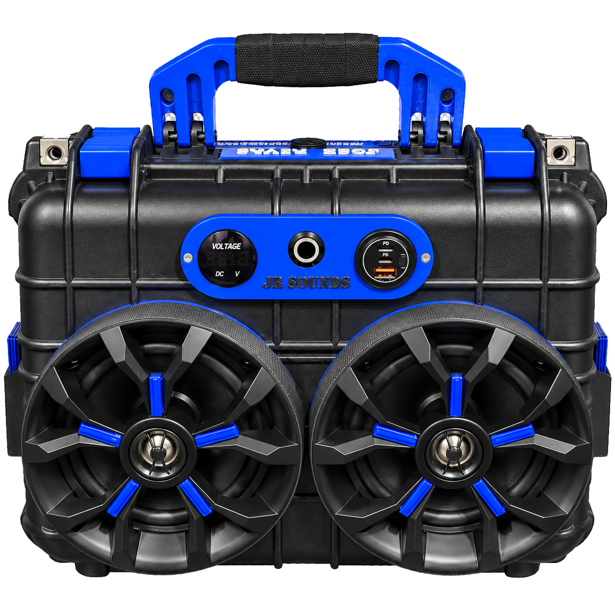 JR Sounds black case boom box with bright blue handle, control panel and two front speakers